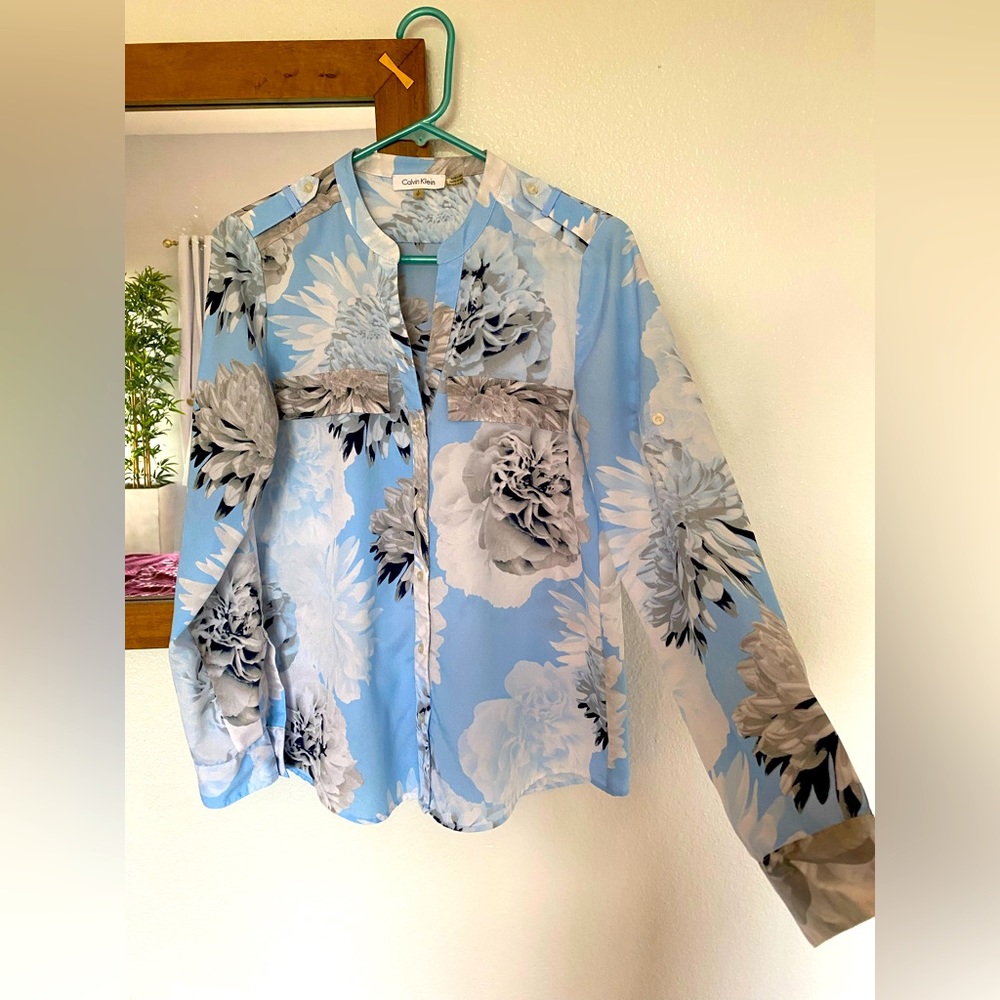 Blue floral Calvin Klein long sleeve, button-up blouse